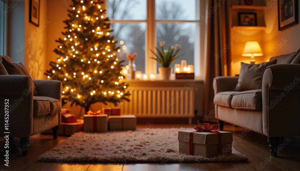 Festive Christmas tree with glowing lights in cozy living room.