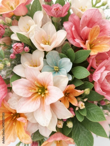 Vibrant watercolor floral bouquet, delicate blooms and lush green leaves, painting, pastel