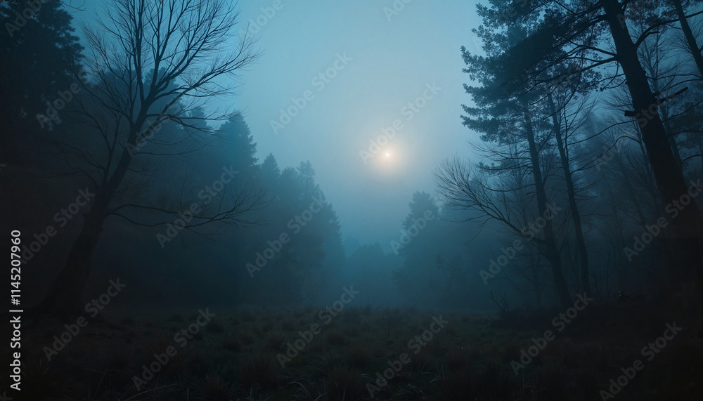 Foggy forest clearing under moonlight. Foggy forest clearing under moonlight.