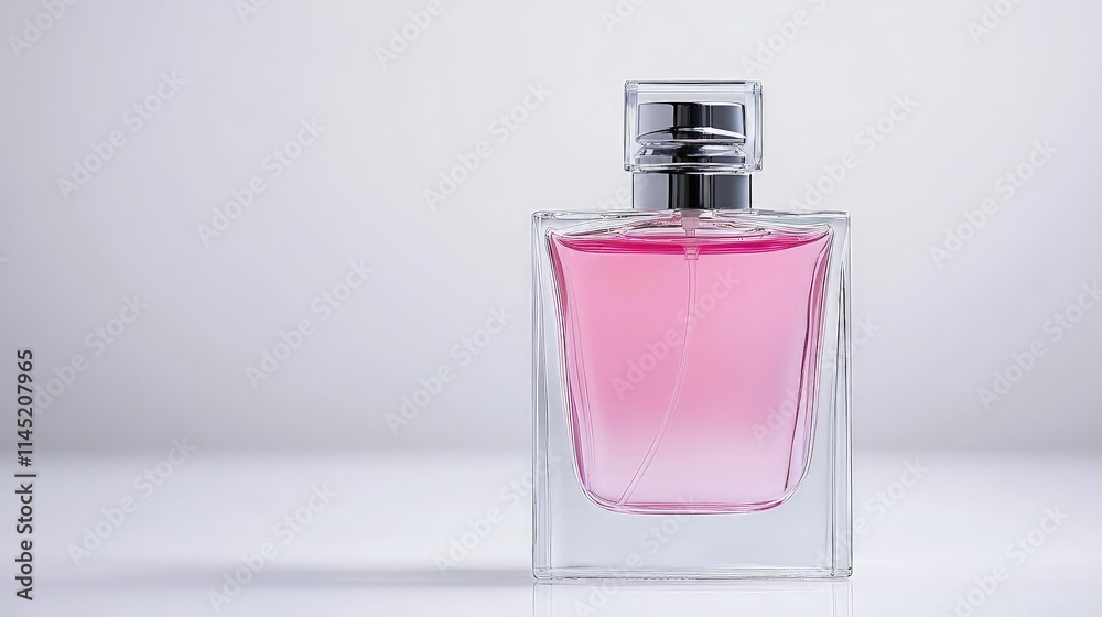 Pink perfume in a square glass bottle. Pink perfume in a square glass bottle.