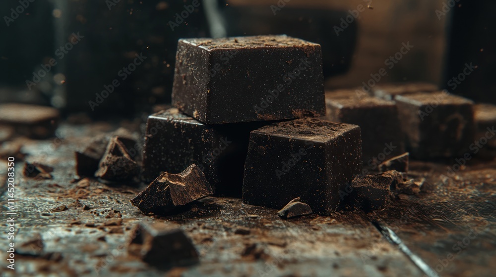 Dark chocolate cubes on wooden surface. Dark chocolate cubes on wooden surface.