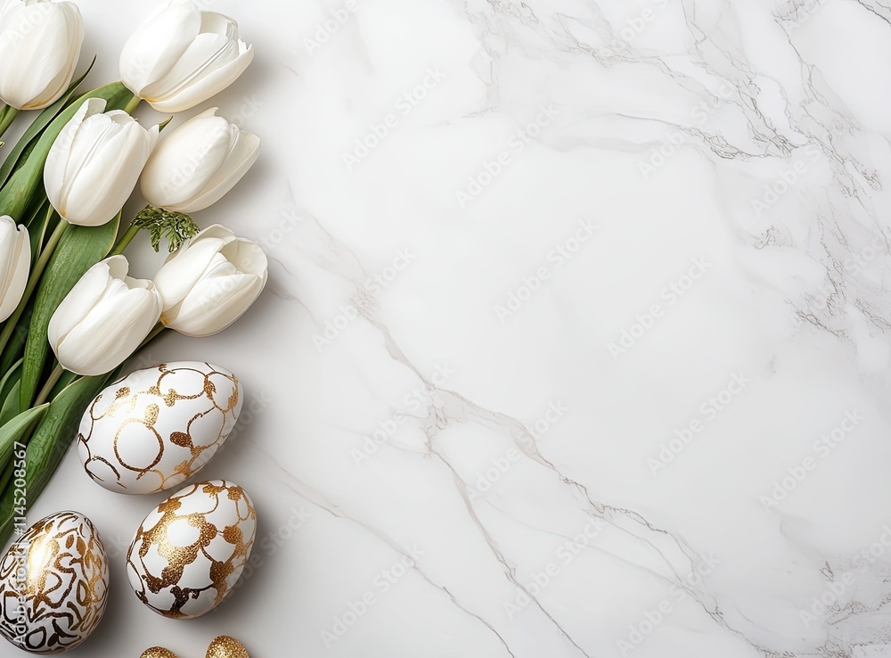 A woven basket holds an array of pastel colored eggs, adorned with golden and silver patterns. Delicate spring blossoms provide a cheerful backdrop in a softly lit environment A woven basket holds an array of pastel colored eggs, adorned with golden and silver patterns. Delicate spring blossoms provide a cheerful backdrop in a softly lit environment