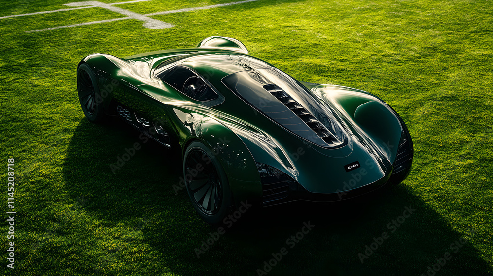 A deep green GoCoda sports car with black racing accents parked gracefully on a grunge football fields lush green lawn. A deep green GoCoda sports car with black racing accents parked gracefully on a grunge football fields lush green lawn.