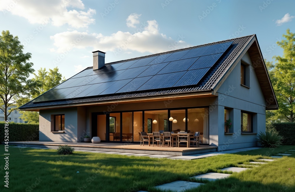 Modern house with solar panels on roof. Eco-friendly home design with large windows overlooking patio, garden. Sunlit contemporary architecture. Stylish patio with outdoor furniture perfect for Modern house with solar panels on roof. Eco-friendly home design with large windows overlooking patio, garden. Sunlit contemporary architecture. Stylish patio with outdoor furniture perfect for