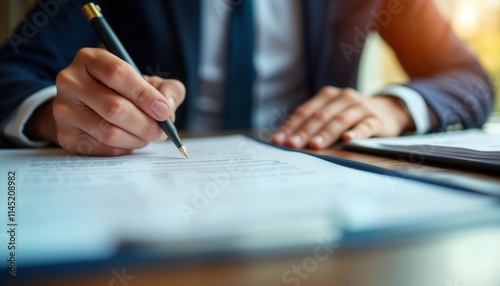 Person signs legal document. Hand holds pen, writes on form. Documents on table. Business pro works on estate planning. Preparation of legal papers for inheritance administration transfer. Lawyer