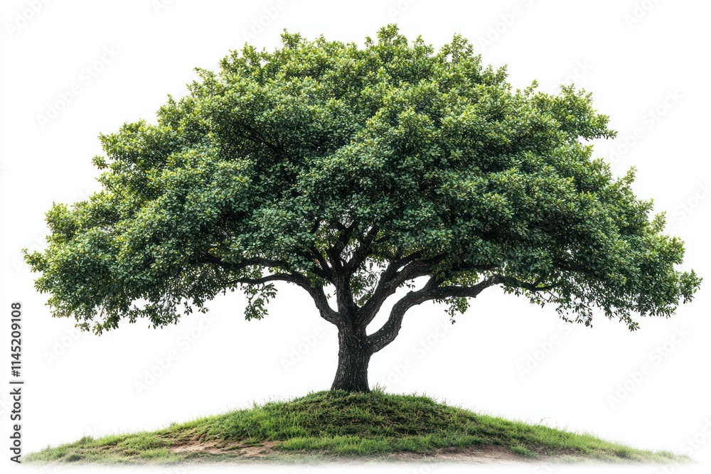 Fototapeta premium Lush green tree on a small hill isolated on white background.