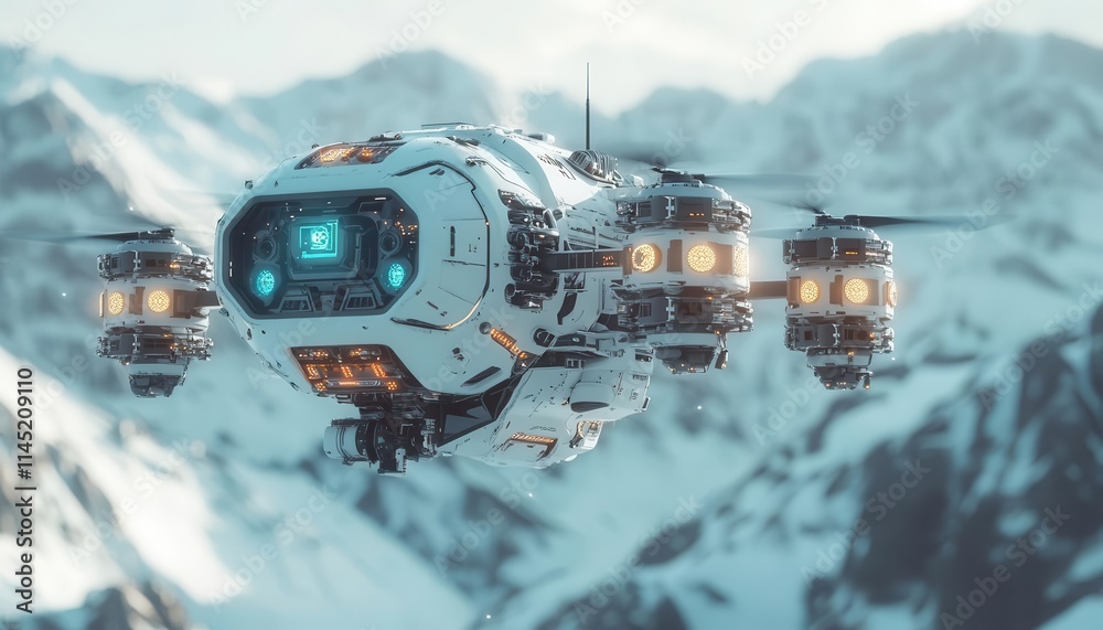 Obraz premium A serene futuristic landscape where drones and smart devices operate seamlessly, glowing softly under natural sunlight