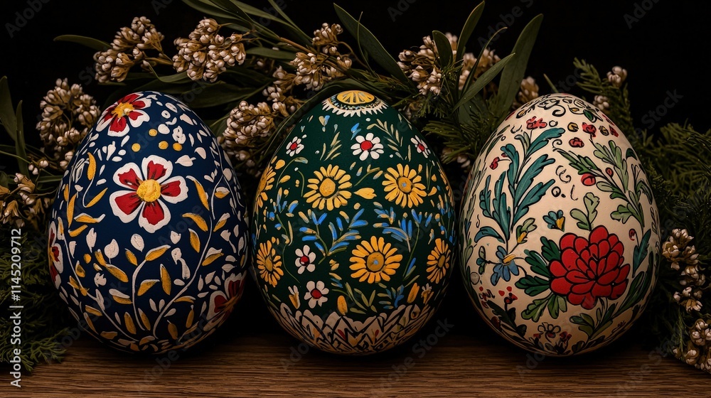 Three intricately painted Easter eggs with floral designs, nestled amongst greenery on a wooden surface. Three intricately painted Easter eggs with floral designs, nestled amongst greenery on a wooden surface.