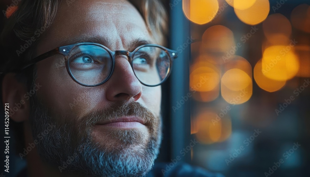 A serene moment where a financial executive reviews a company s progress by a window, light framing their thoughtful expression A serene moment where a financial executive reviews a company s progress by a window, light framing their thoughtful expression