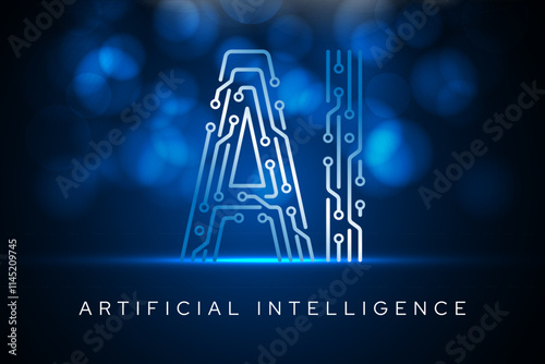 Artificial intelligence lettering with electronic circuit lines representing machine learning