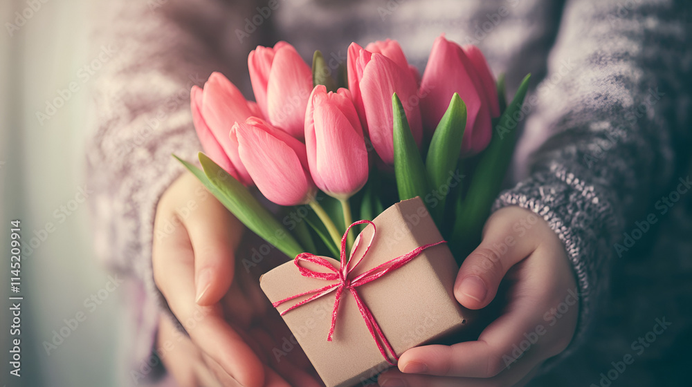 tulips in the hands of the girl