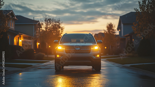 A family-friendly SUV front view with soft yellow headlights glowing warmly parked in a suburban driveway at dawn.