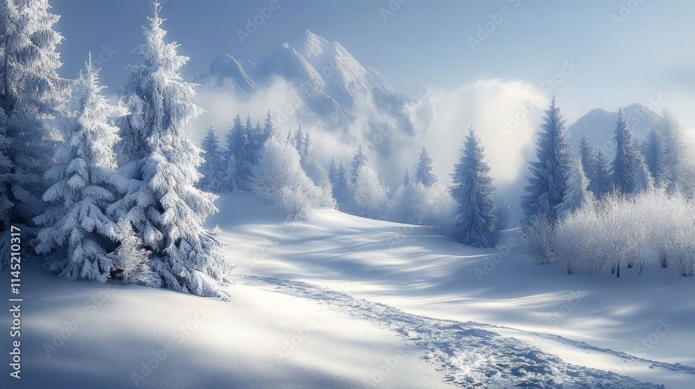 Snow-covered landscape with pine trees and mountains during a clear winter morning Snow-covered landscape with pine trees and mountains during a clear winter morning