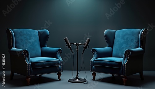 Two elegant blue wingback chairs face in dark studio setting. Pro microphones stand between. Isolated shot creates perfect backdrop for podcast interview concepts. Copy space available for additional photo