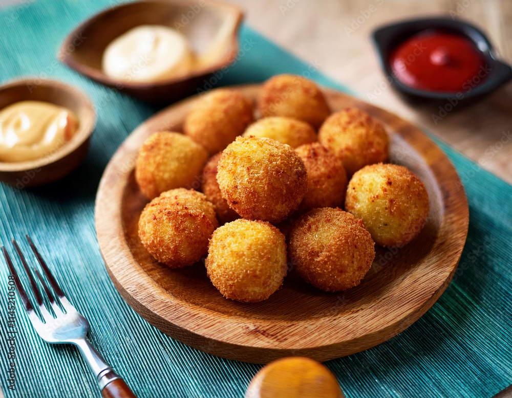 Golden-brown potato croquettes are served on a wooden plate with mustard and ketchup dipping sauces on a turquoise background. Golden-brown potato croquettes are served on a wooden plate with mustard and ketchup dipping sauces on a turquoise background.