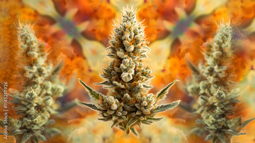 A dynamic arrangement of finely ground weed and dense buds on a bold kaleidoscope-patterned background. A dynamic arrangement of finely ground weed and dense buds on a bold kaleidoscope-patterned background.