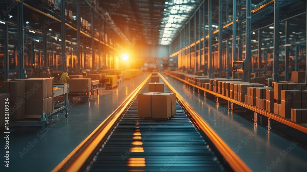 Fototapeta premium A serene smart warehouse where automated systems sort packages, sunlight streaming through high windows