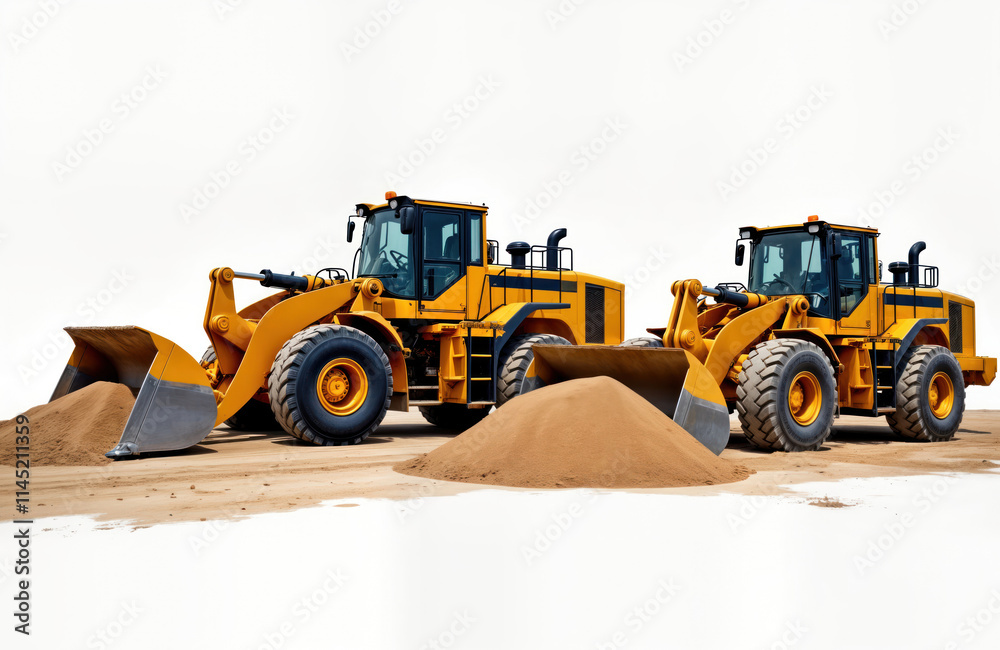 Two large yellow wheel loaders shown on construction site. Loaded with sand. Loaders isolated on white background. Positioned to move, transport bulk materials in construction development work. Photo Two large yellow wheel loaders shown on construction site. Loaded with sand. Loaders isolated on white background. Positioned to move, transport bulk materials in construction development work. Photo