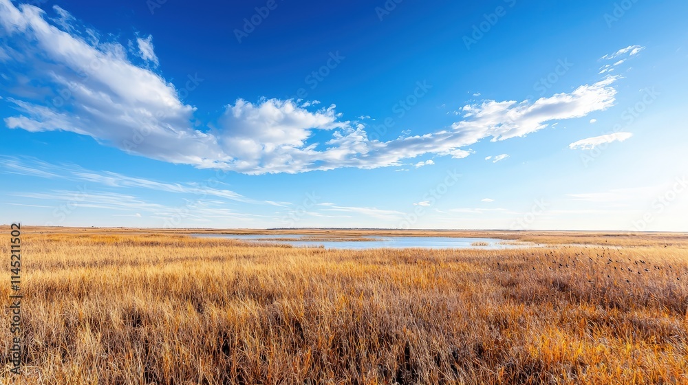 Serene autumn prairie landscape with golden grass and calm lake under a bright blue sky. Serene autumn prairie landscape with golden grass and calm lake under a bright blue sky.