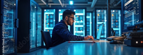 Man works on laptop in server room. Engineer focused on digital tech. Focused on database management. Modern tech scene. Work in data center. Uses laptop to solve problems with digital information. photo