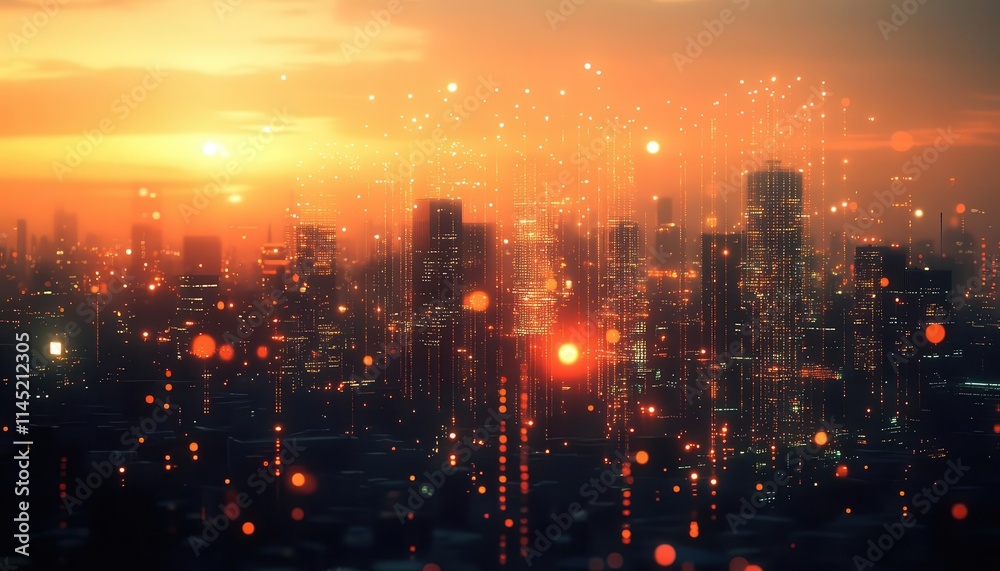 A smart cityscape with IoT devices connected via glowing networks, sunlight creating a balance of realism and futurism A smart cityscape with IoT devices connected via glowing networks, sunlight creating a balance of realism and futurism