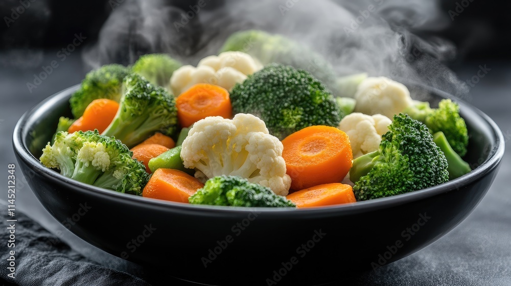 Freshly Steamed Vegetables in Black Bowl with Visible Steam Freshly Steamed Vegetables in Black Bowl with Visible Steam