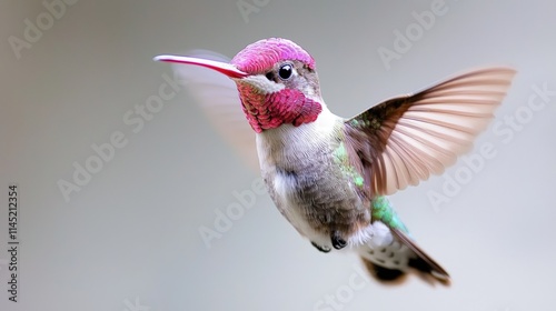 Anna's hummingbird in flight, showcasing vibrant pink gorget and iridescent feathers. photo