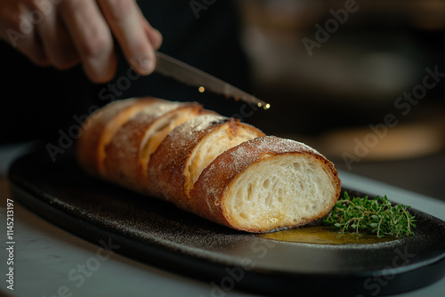 Frisch gebackenes Brot wird kunstvoll in Scheiben geschnitten

 photo