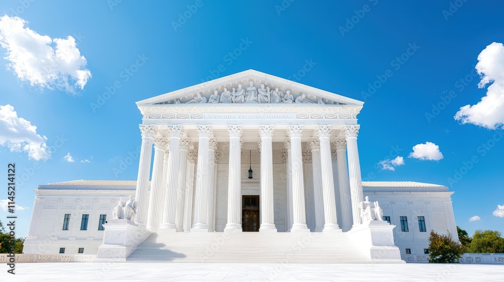Majestic white courthouse under a bright blue sky. Majestic white courthouse under a bright blue sky.