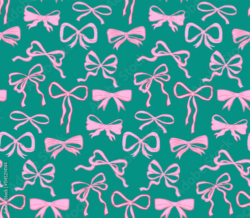 Seamless pattern of hand drawn bows, ribbons. Art, design pattern, background, print