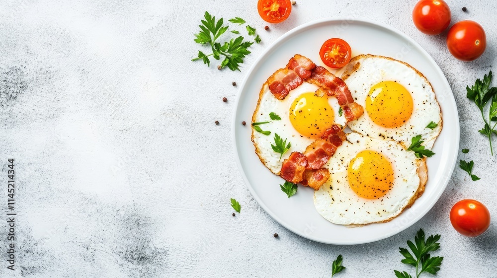 Delicious Breakfast Plate with Eggs, Bacon and Cherry Tomatoes Delicious Breakfast Plate with Eggs, Bacon and Cherry Tomatoes