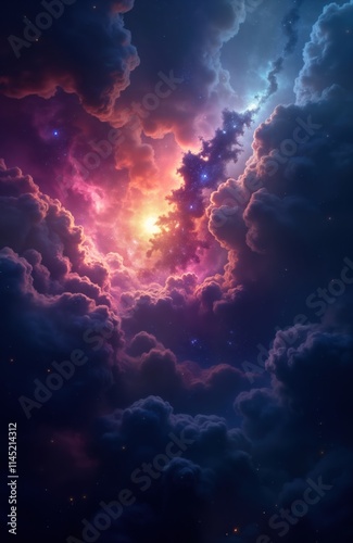 Stunning deep space nebula, galaxy cosmic image. Colorful clouds of gas, stardust create stunning cosmic scene. Stars, celestial bodies glow in dark sky. Ideal for poster backdrop wonders of