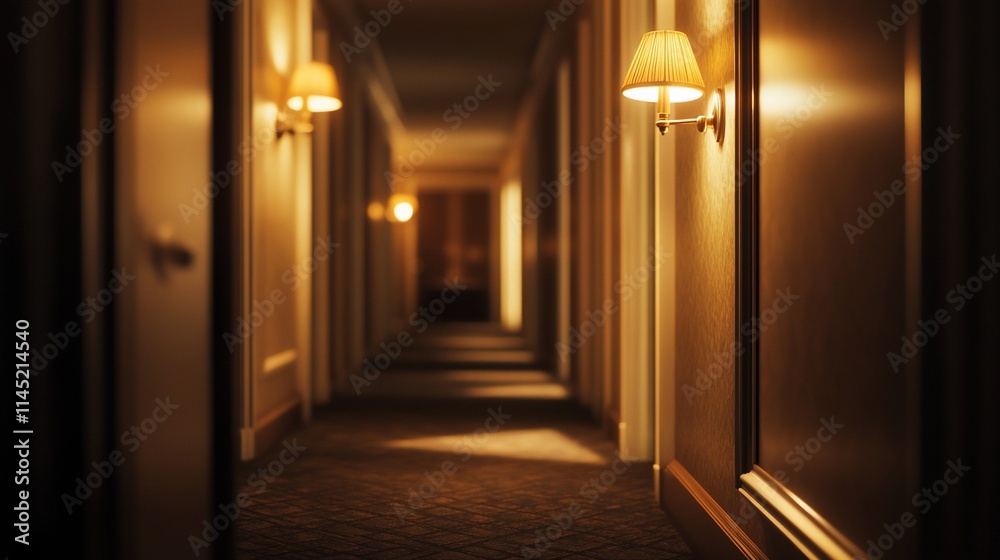 A dimly lit hotel corridor with warm wall sconces illuminating the path. A dimly lit hotel corridor with warm wall sconces illuminating the path.
