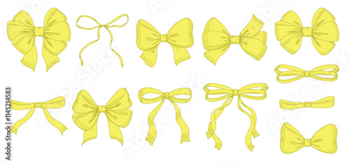 Vintage style decorated long yellow bow and ribbon. Hand drawn vintage line art vector illustration.