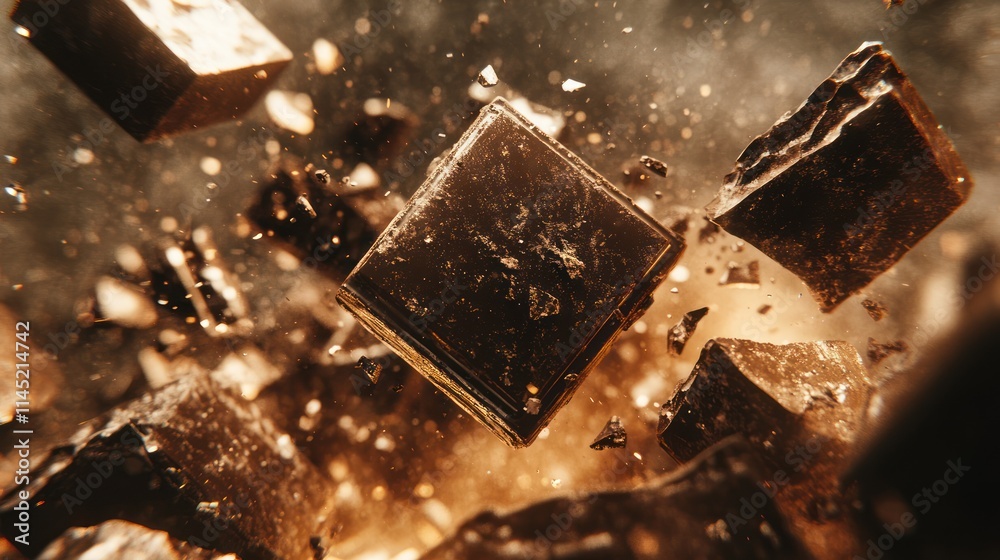 Exploding dark chocolate cubes in motion. Exploding dark chocolate cubes in motion.