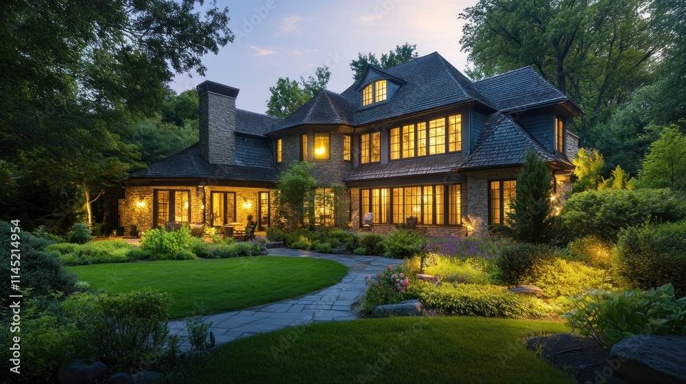 A beautifully lit house surrounded by lush greenery in a serene evening setting. A beautifully lit house surrounded by lush greenery in a serene evening setting.