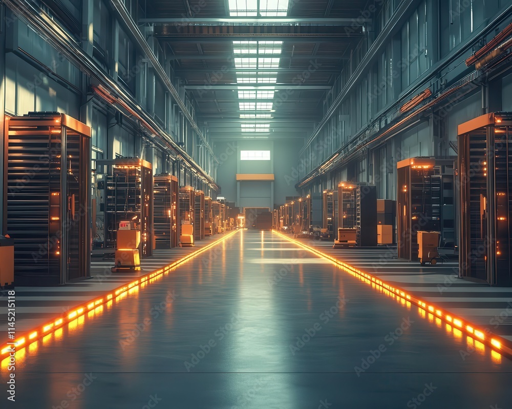 An automated warehouse where robots coordinate seamlessly, glowing pathways indicating connectivity, sunlight streaming in An automated warehouse where robots coordinate seamlessly, glowing pathways indicating connectivity, sunlight streaming in