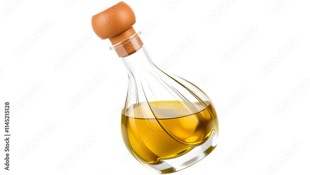 Glass bottle filled with golden oil on a black background