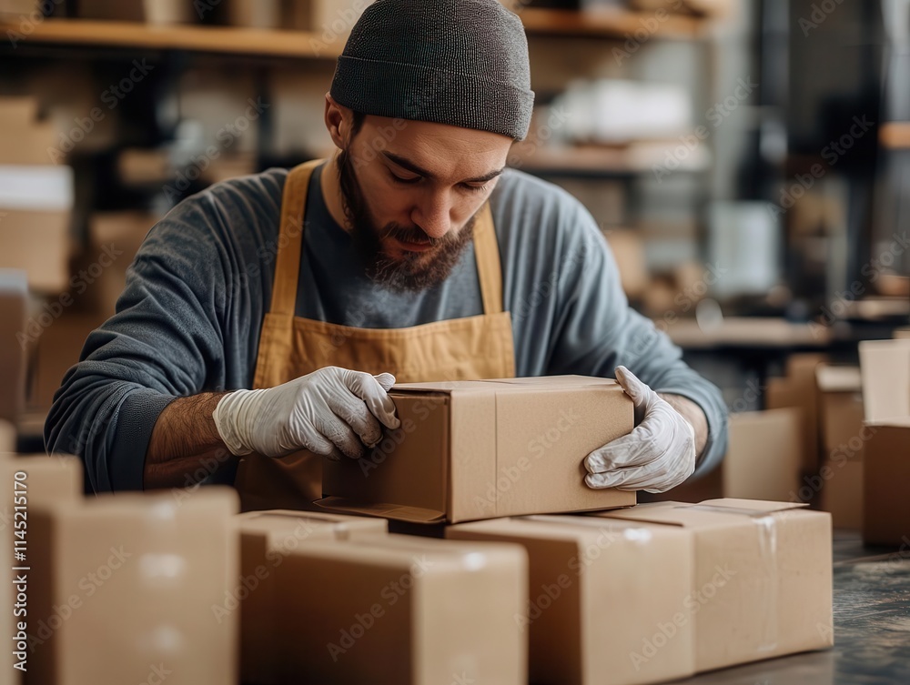 An entrepreneur assembling product packaging in a bright workshop, natural light emphasizing their focus and creativity An entrepreneur assembling product packaging in a bright workshop, natural light emphasizing their focus and creativity
