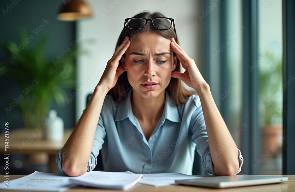 Adult businesswoman sits at desk in modern office. Headache, eyeglasses on head. Looks stressed, exhausted. Appears overworked, experiencing eye strain. Woman concentrating intensely on documents. Adult businesswoman sits at desk in modern office. Headache, eyeglasses on head. Looks stressed, exhausted. Appears overworked, experiencing eye strain. Woman concentrating intensely on documents.
