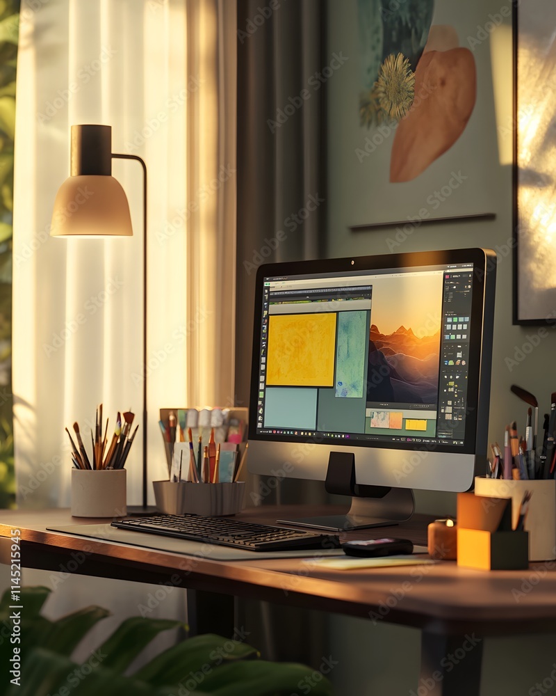 Sunlit home office desk with computer, art supplies, and artwork. Sunlit home office desk with computer, art supplies, and artwork.