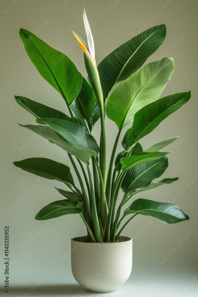 Bird of paradise plant in a white pot against a neutral background. Bird of paradise plant in a white pot against a neutral background.