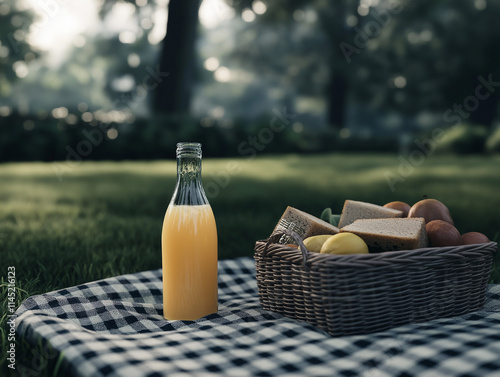 Picnic im Grünen mit leckerem Sandwich und frischen Orangen

 photo