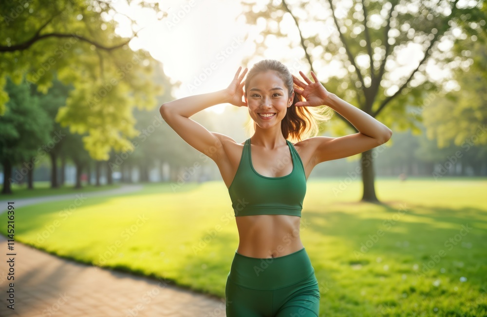 Young Asian woman stretches before jogging in park. Wears green activewear. Healthy lifestyle outdoors. Morning workout. Fit, energetic. Enjoy outdoor recreation. Woman in good posture. Active Young Asian woman stretches before jogging in park. Wears green activewear. Healthy lifestyle outdoors. Morning workout. Fit, energetic. Enjoy outdoor recreation. Woman in good posture. Active
