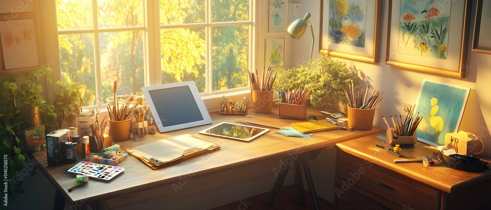 Sunlit artist's workspace with tablet, paints, and art supplies near window. Sunlit artist's workspace with tablet, paints, and art supplies near window.