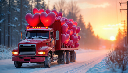 Red truck carries many pink, red hearts shaped decorations. Winter scene with snow. Sunset backlight illuminates snowy road. Romantic valentine day celebration theme. Truck moves in snow country.