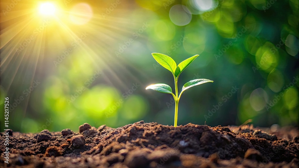 Growing plant with young seedling in morning light on ground background Growing plant with young seedling in morning light on ground background