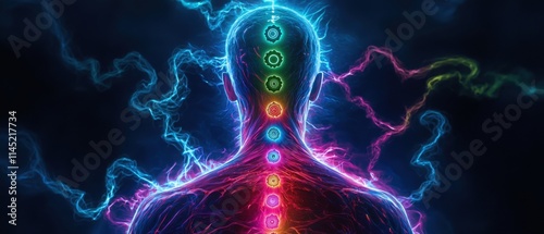 A vibrant representation of energy flowing through the human chakras and aura. photo