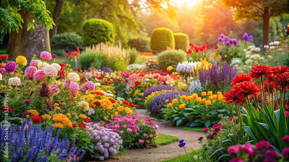 Fototapeta premium A serene garden with a variety of colorful flowers blooming in a tranquil atmosphere, flowers, garden, blooms