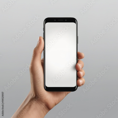 Close-up of a human hand holding a modern smartphone with blank screen